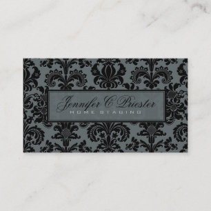 Blauw-grijs & zwart Elegant Bloemen Damast Visitekaartje