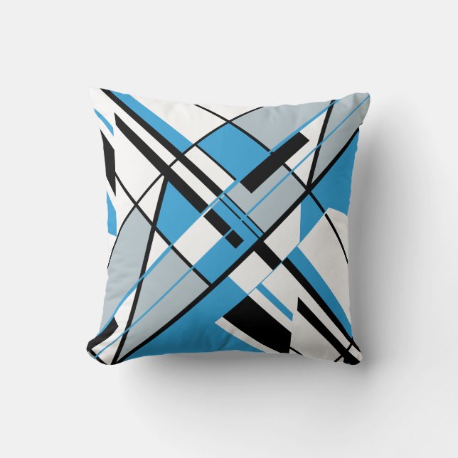 Blauw Grijs Zwart Wit Diagonaal Angular Art Design Kussen (Voorkant)