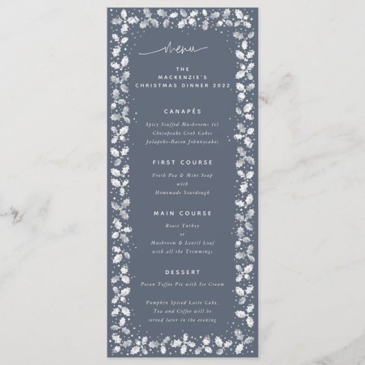 Blauw-grijze handgedrukte Kerst Holly+Bessen Menu (Voorkant)