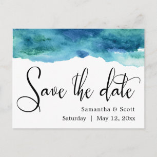 Blauw Groen Aqua Waterverf Modern Save the Date 3 Aankondigingskaart