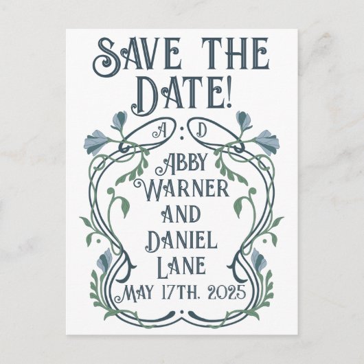 Blauw-Groen Art Nouveau Save-the-Date Briefkaart (Voorkant)