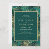 Blauw groen blad met gouden bruiloft uitnodiging (Voorkant)