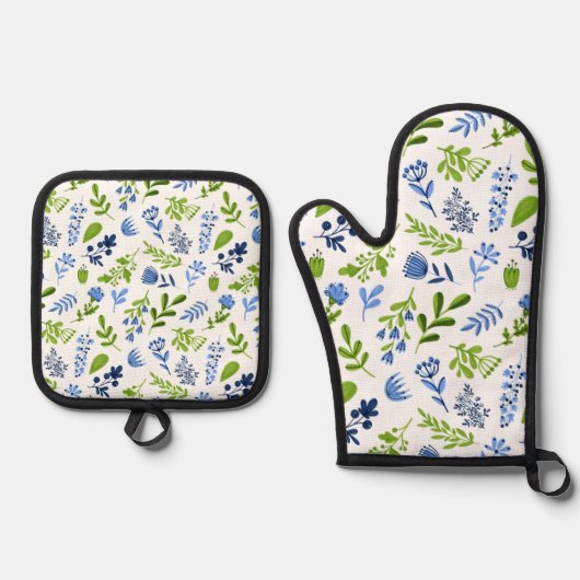 Blauw & Groen Bloemen Patroon Ovenwant & Pannenlap Set (Voorkant)
