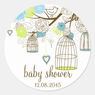 Blauw & Groen Bloemstuk Vogelkooien Baby Shower St Ronde Sticker