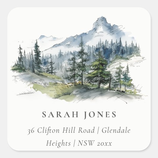 Blauw Groen Bossen Berglandschap Schets Adres Vierkante Sticker (Voorkant)