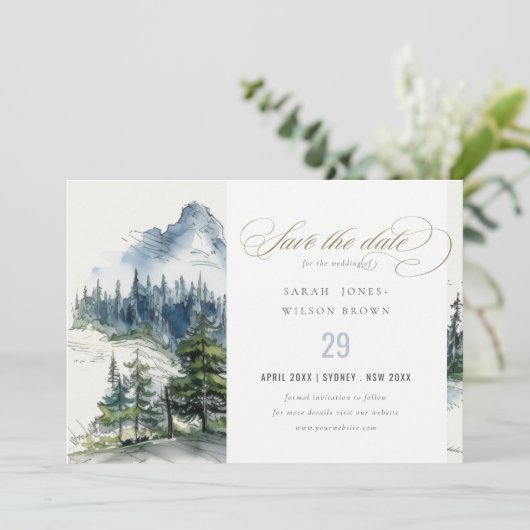 Blauw Groen Bossen Berglandschap Schets Bruiloft Save The Date (Staand voorkant)