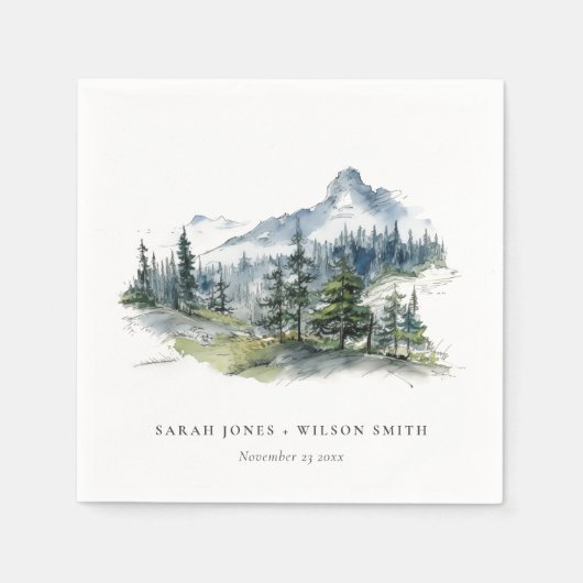 Blauw Groen Bossen Berglandschap Schets Bruiloft Servet (Voorkant)