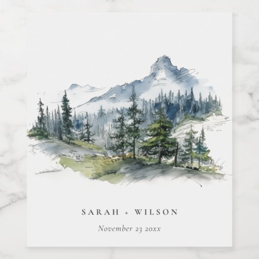 Blauw Groen Bossen Berglandschap Schets Bruiloft Wijn Etiket (Enkel label)