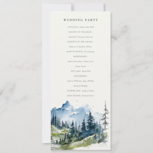 Blauw Groen Bossen Mountain Sketch Bruiloft Progra Kaart (Achterkant)