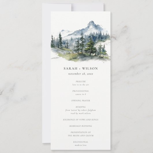 Blauw Groen Bossen Mountain Sketch Bruiloft Progra Kaart (Voorkant)