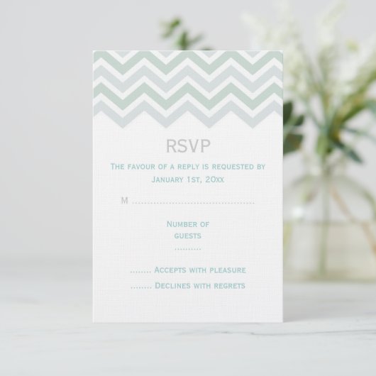 Blauw & Groen Chevron bruiloft RSVP Kaart (Staand voorkant)