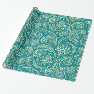 Blauw-groen en beige Creme  Paisley Cadeaupapier