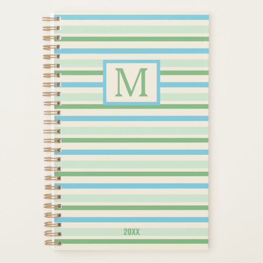 Blauw groen en crème strepen Monogram Jaar Planner (Voorkant)