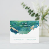 Blauw Groen en Goud Splatter RSVP Kaartje (Staand voorkant)