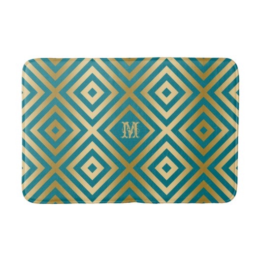 Blauw-groen en goudmatig geometrisch patroon badmat (Voorkant)