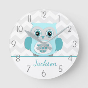 Blauw, groen en grijze uil babykamer wandklok ronde klok