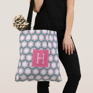 Blauw groen en roze geometrisch patroon en monogra draagtas