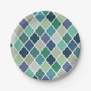 Blauw, groen en turquoise quatrefoil patroon papieren bordje