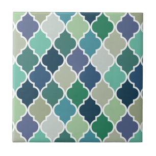 Blauw, groen en turquoise quatrefoil patroon tegeltje