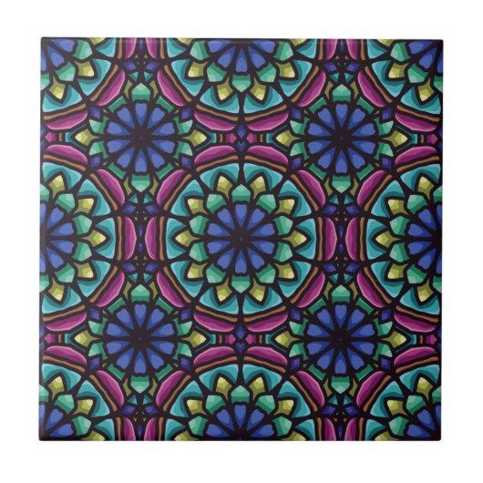 Blauw groen en violet mandala geometrisch ontwerp tegeltje (Voorkant)