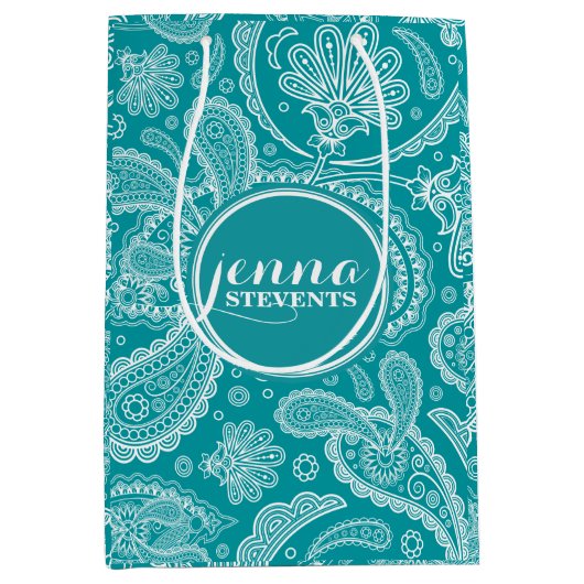 Blauw-groen en wit  Paisley Pattern 2 Medium Cadeauzakje (Voorkant)