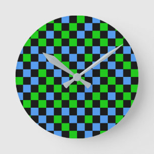 Blauw Groen En Zwart Geruit Patroon Ronde Klok