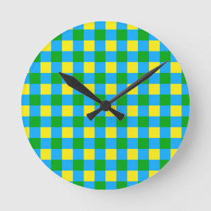 Blauw Groen Geel Check Plaid Pattern Design Ronde Klok