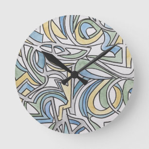Blauw Groen Geel Rooster-Handgeschilderd Abstract Ronde Klok