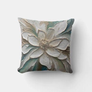 Blauw Groen Goud en Wit Abstract Bloem Kussen