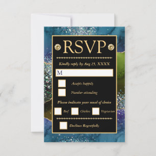 Blauw Groen Goud Glitter Agate Bruiloft RSVP Kaartje