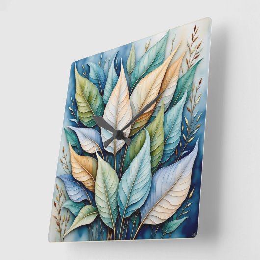 Blauw Groen goud latte Bladeren Vierkante Klok (Hoek)