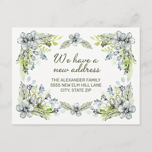 Blauw groen handgeschreven bloemen Nieuw adres Aankondigingskaart (Voorkant)