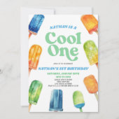 Blauw Groen Koel Één Popsicle 1e Verjaardagsfeestj Kaart (Voorkant)