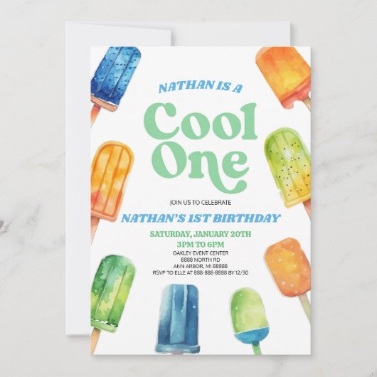 Blauw Groen Koel Één Popsicle 1e Verjaardagsfeestj Kaart (Voorkant)
