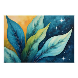 Blauw groen laat gouden zon en sterren achter perfect poster
