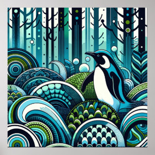 Blauw Groen Lovey Penguin Outdoor Forest Abstract Poster