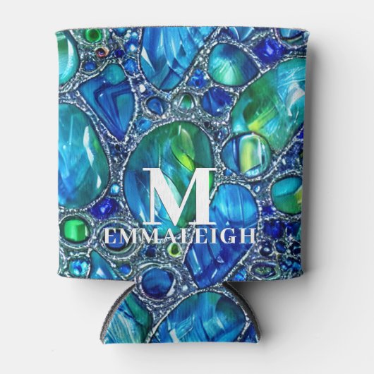 Blauw Groen Mousserend Glas Pareltjes Monogrammed Blikjeskoeler (Voorkant)