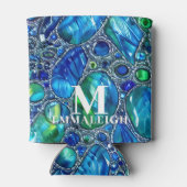Blauw Groen Mousserend Glas Pareltjes Monogrammed Blikjeskoeler (Achterkant)