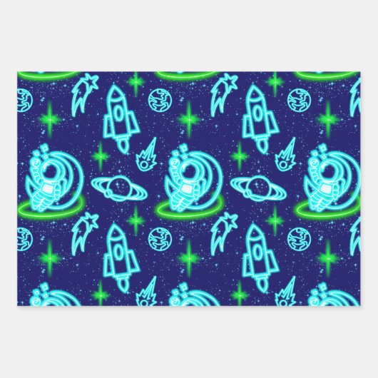 Blauw Groen Neon Gloeiende Ruimte Astronaut Rakett Inpakpapier Vel (Voorkant 3)