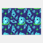 Blauw Groen Neon Gloeiende Ruimte Astronaut Rakett Inpakpapier Vel (Voorkant 2)