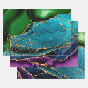 Blauw, Groen & Paars & Goud Glitter Pauw Agate Inpakpapier Vel