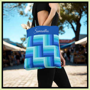 Blauw Groen Quilt Gestreept patroon Draagtas