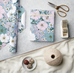 Blauw Groen Roze Ditsy Bloem Boho 70s Vintage Cadeaupapier