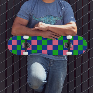 Blauw Groen Roze Geruit Patroonontwerp  Skateboard