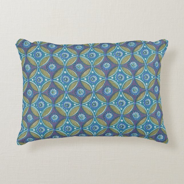 Blauw Groen Rustiek Boho Geometrisch Cirkelpatroon Accent Kussen (Voorkant)