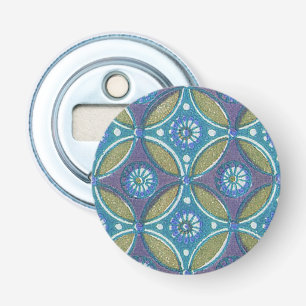 Blauw Groen Rustiek Boho Geometrisch Cirkelpatroon Button Flesopener
