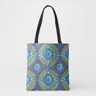 Blauw Groen Rustiek Boho Geometrisch Cirkelpatroon Draagtas