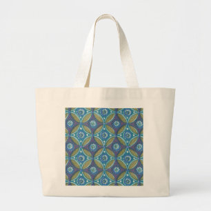 Blauw Groen Rustiek Boho Geometrisch Cirkelpatroon Grote Tote Bag