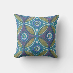 Blauw Groen Rustiek Boho Geometrisch Cirkelpatroon Kussen