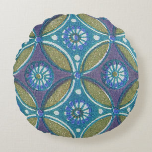 Blauw Groen Rustiek Boho Geometrisch Cirkelpatroon Rond Kussen